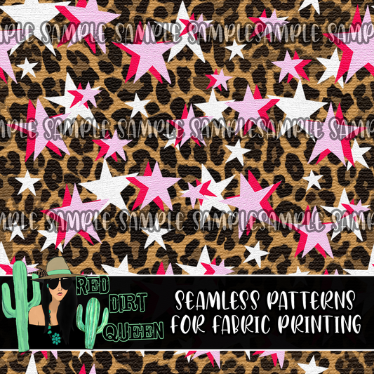 Seamless Pattern Leopard Pink White Stars