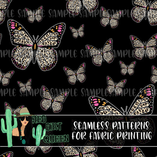Seamless Pattern Black Pink Leopard Butterflies