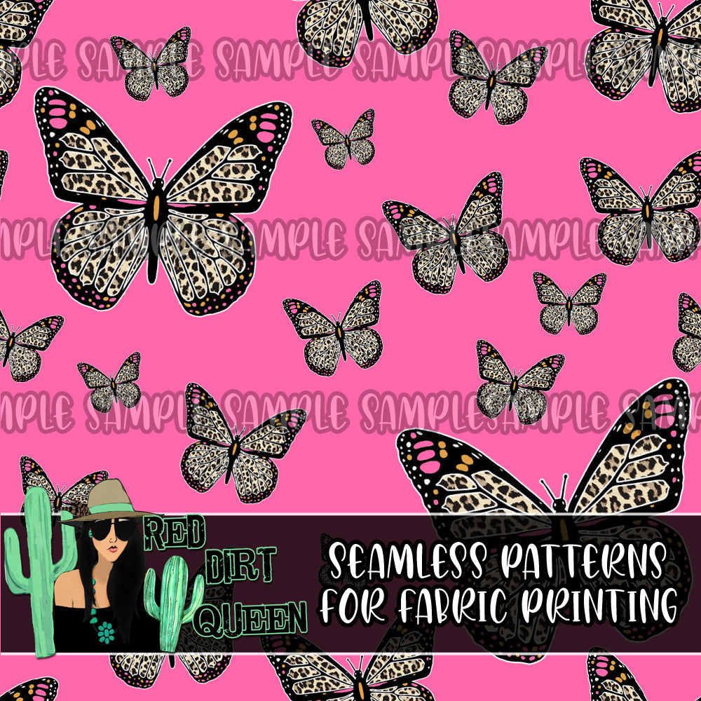 Seamless Pattern Pink Leopard Butterflies
