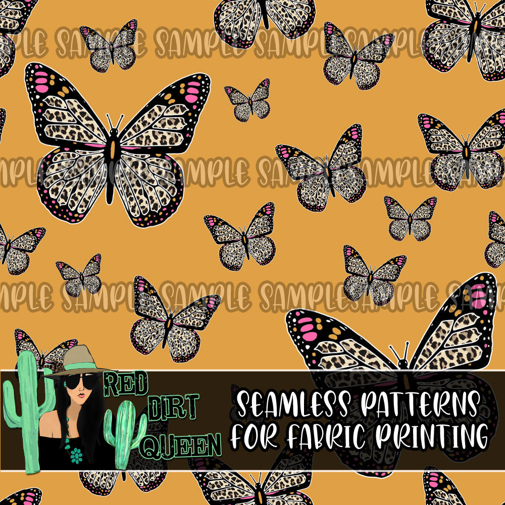 Seamless Pattern Yellow Pink Leopard Butterflies