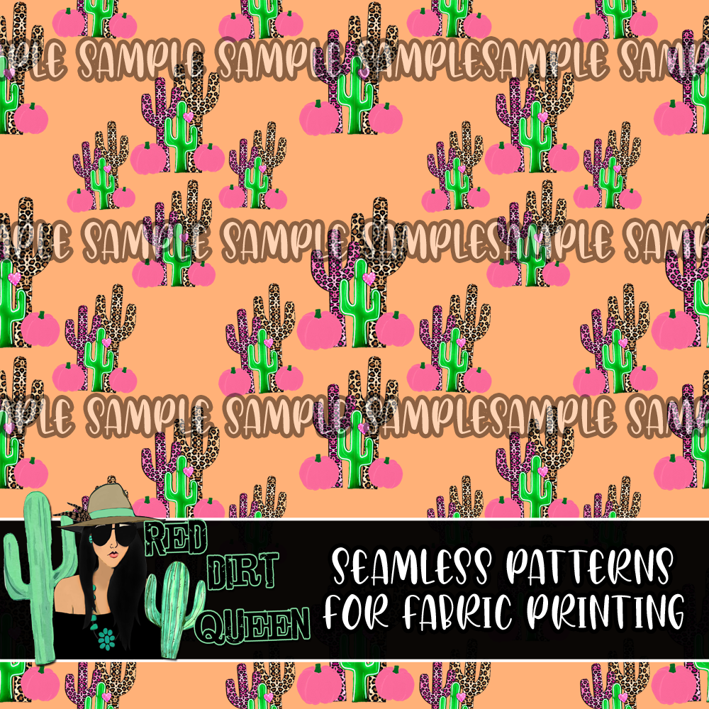 Seamless Pattern Leopard Cactus Pumpkins