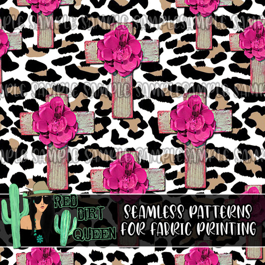 Seamless Pattern Leopard Pink Floral Crosses