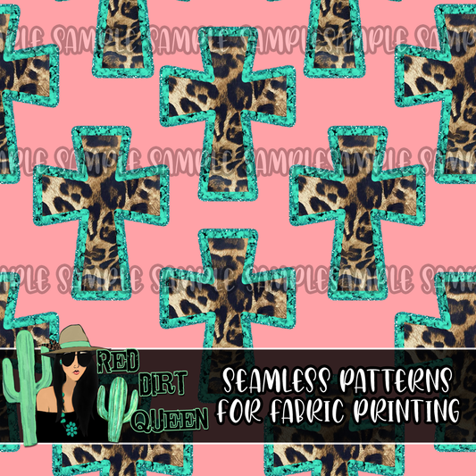 Seamless Pattern Turquoise Leopard Crosses Pink