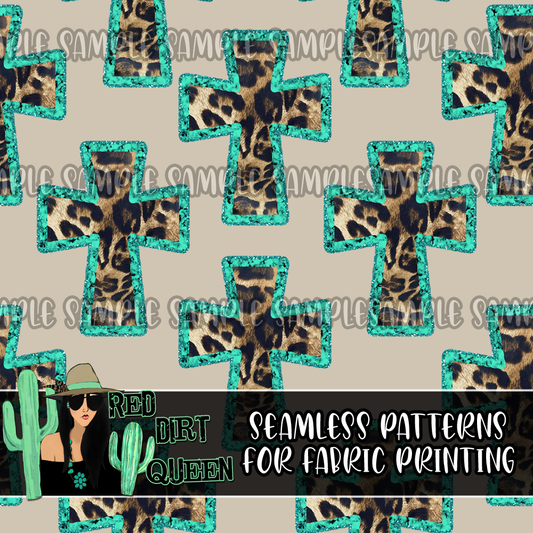 Seamless Pattern Turquoise Leopard Crosses Tan
