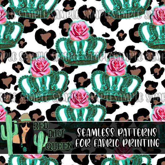 Seamless Pattern Turquoise Rose Crowns Leopard