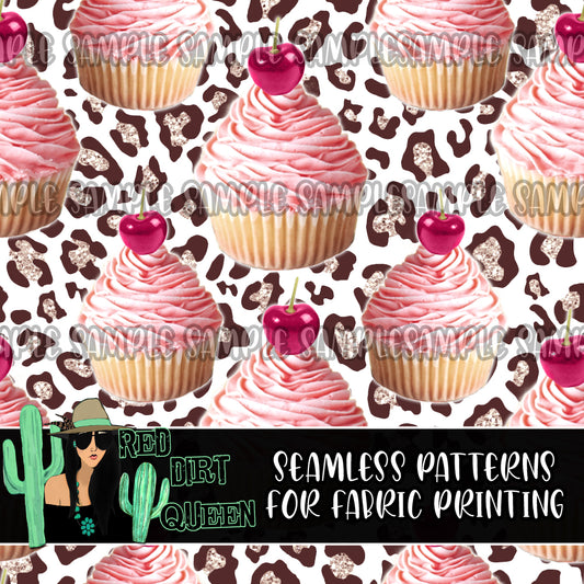 Seamless Pattern Leopard Pink Cupcakes