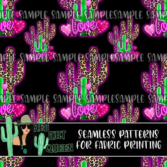 Seamless Pattern Neon Cactus Love