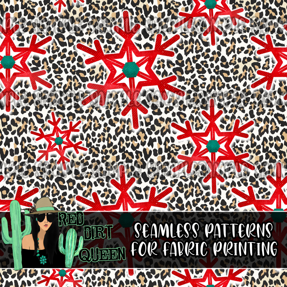 Seamless Pattern Leopard Red Snowflake
