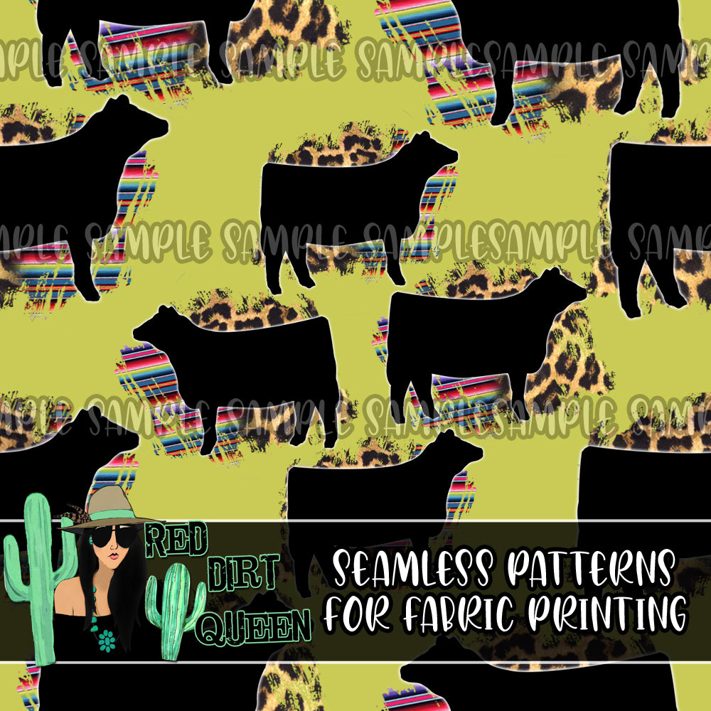 Seamless Pattern Serape Leopard Cows Green