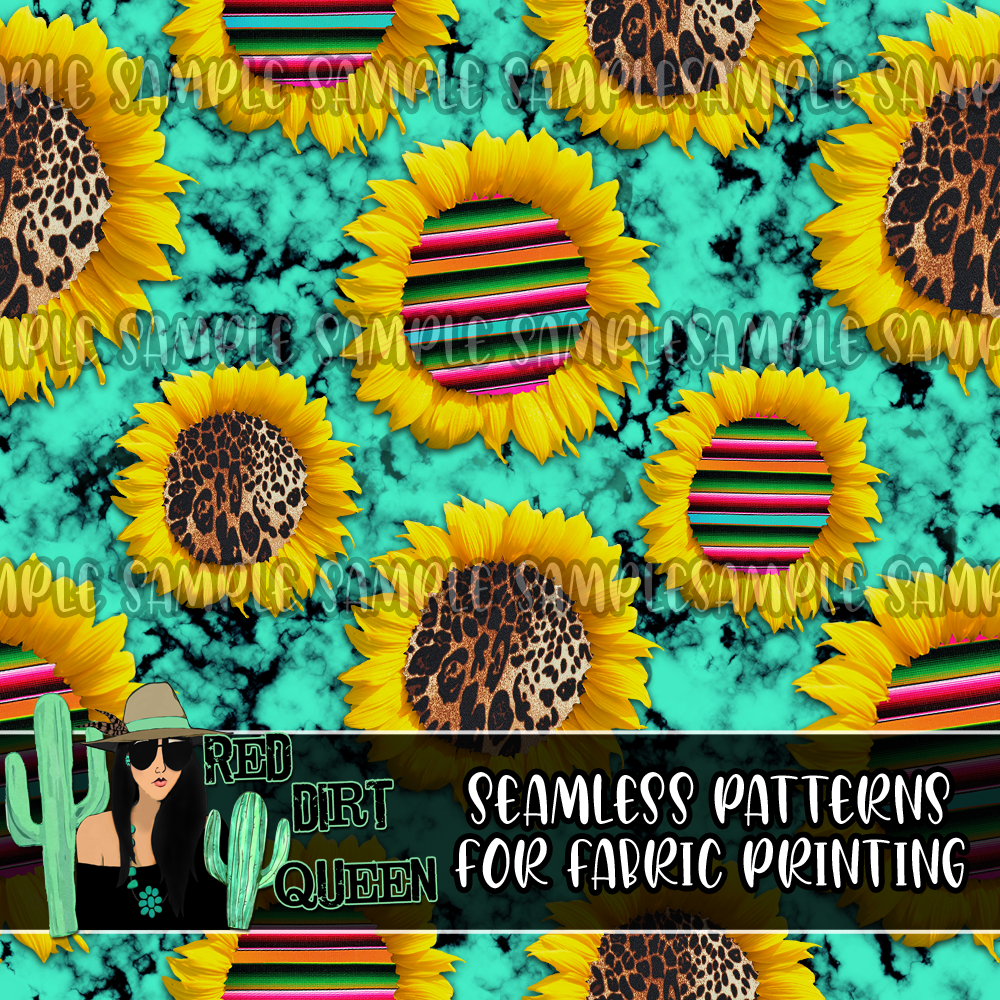 Seamless Pattern Turquoise Leopard Serape Sunflowers