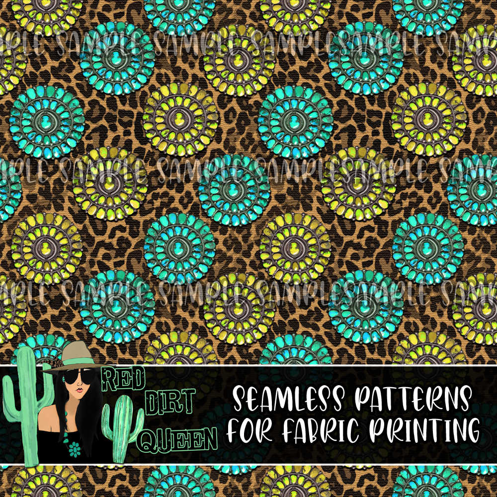 Seamless Pattern Leopard Turquoise Yellow Stones