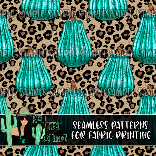 Seamless Pattern Turquoise Glass Pumpkin Leopard