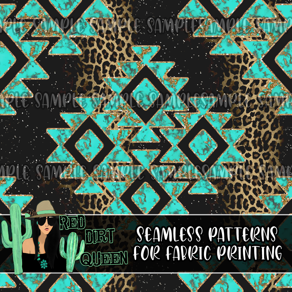 Seamless Pattern Leopard Glitter Turquoise Stone Aztec