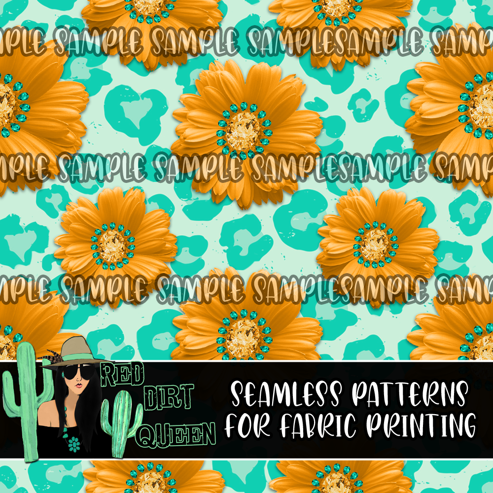 Seamless Pattern Turquoise Leopard Yellow Bling Floral