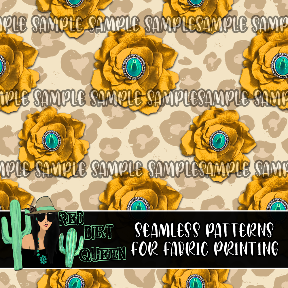 Seamless Pattern Yellow Floral Leopard Stone