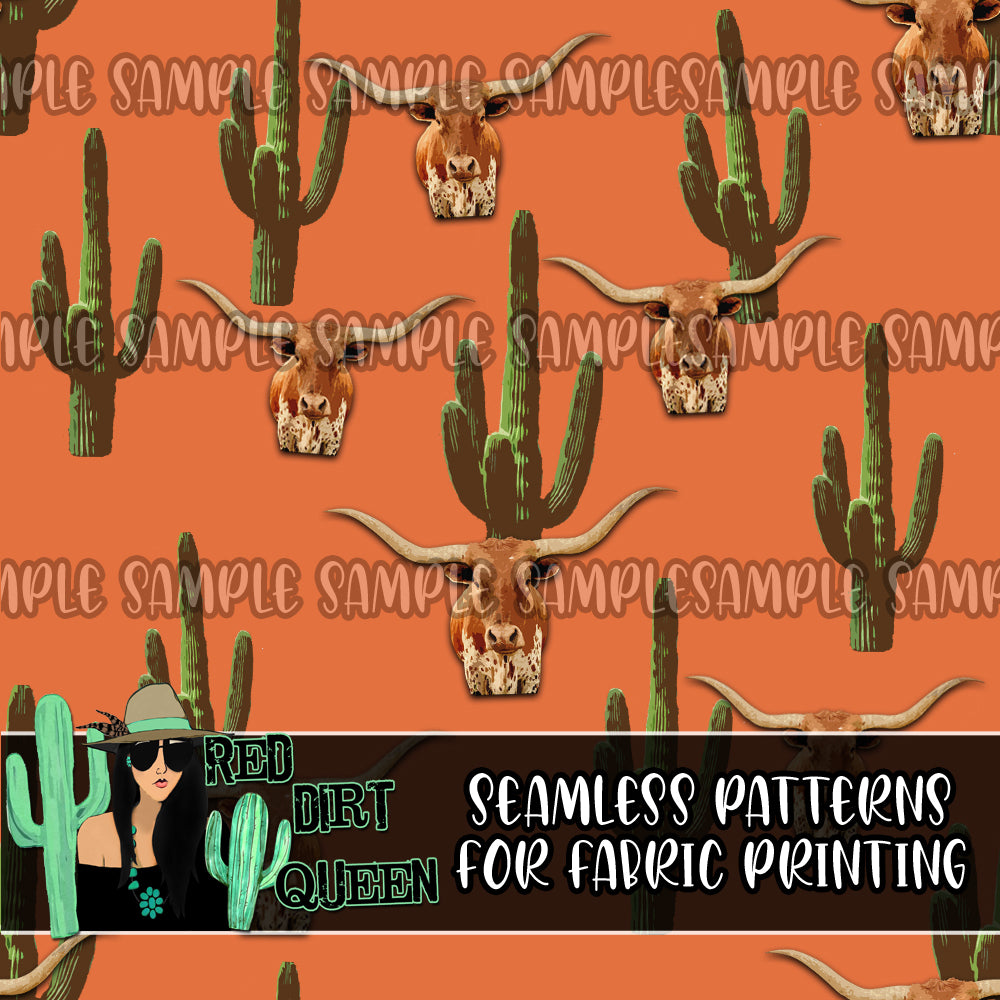 Seamless Pattern Orange Cactus Longhorns