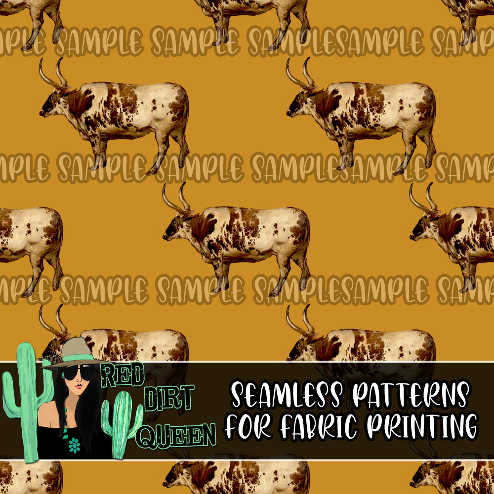 Seamless Pattern Longhorn Cows Yellow