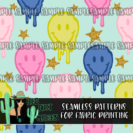 Seamless Pattern Trendy Melted Smileys & Glitter Stars