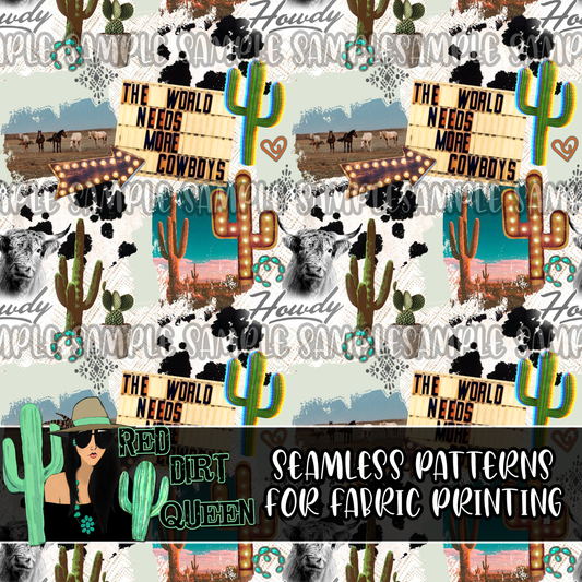 Seamless Pattern Cowboy Cactus Collage