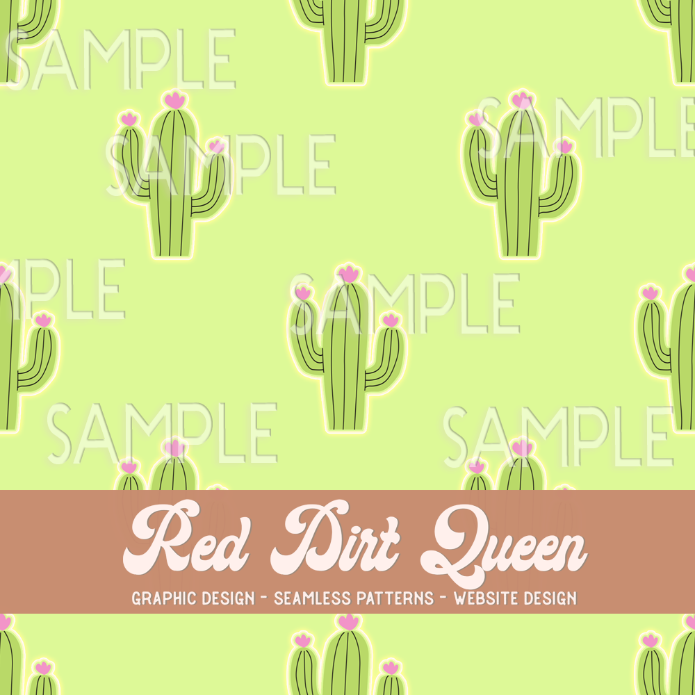 Seamless Pattern Neon Green Pink Floral Cactus