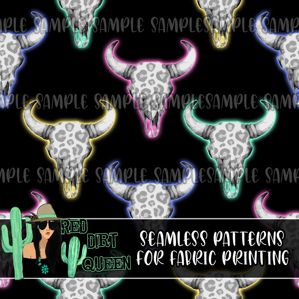 Seamless Pattern Neon Leopard Skulls