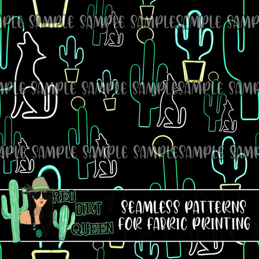 Seamless Pattern Neon Coyote Cactus Lights