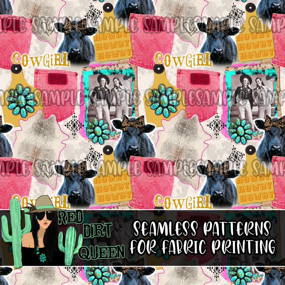 Seamless Pattern Cowgirls Collage