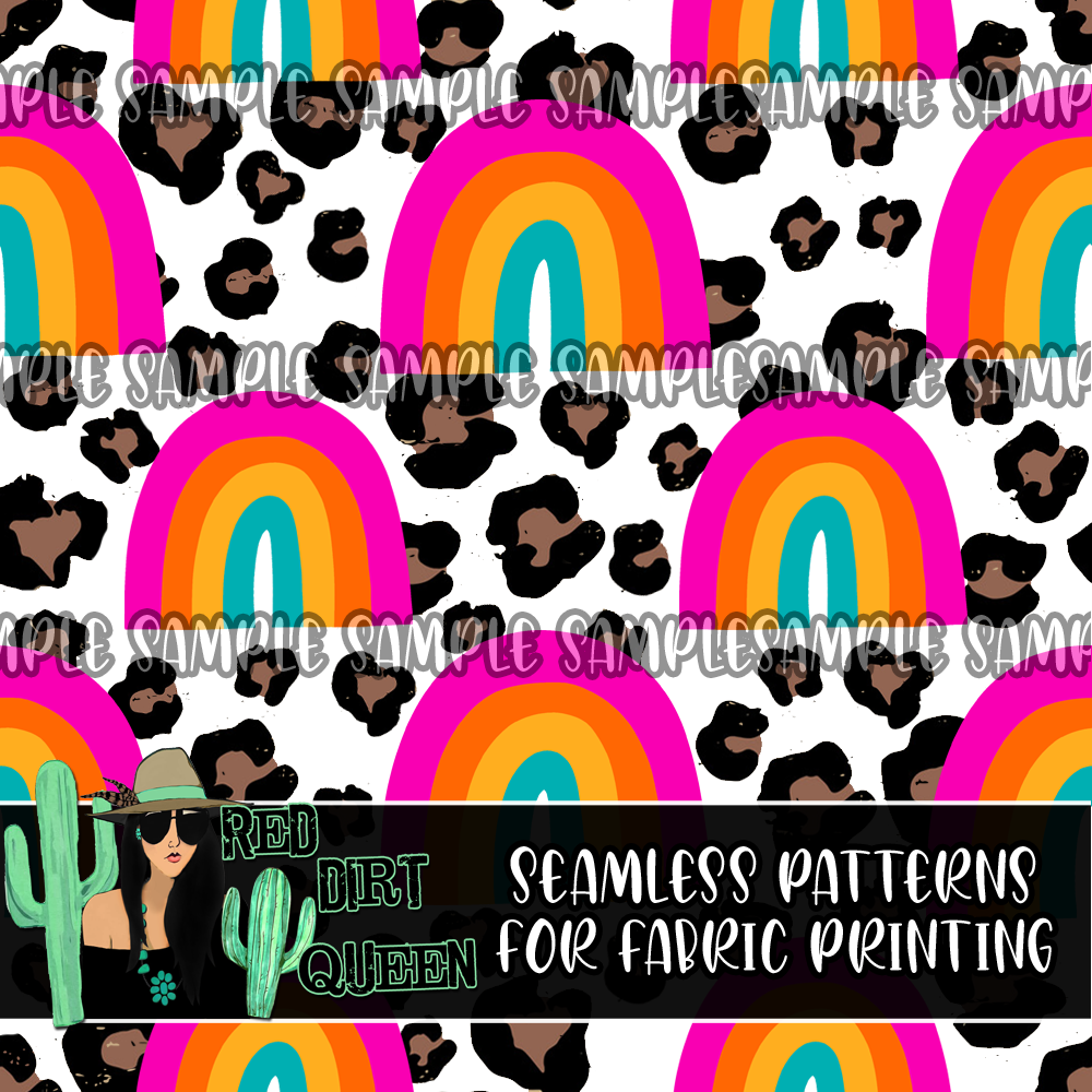 Seamless Pattern Colorful Rainbows White Leopard