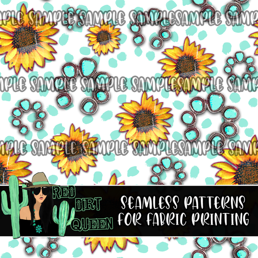 Seamless Pattern Turquoise Squash Sunflowers