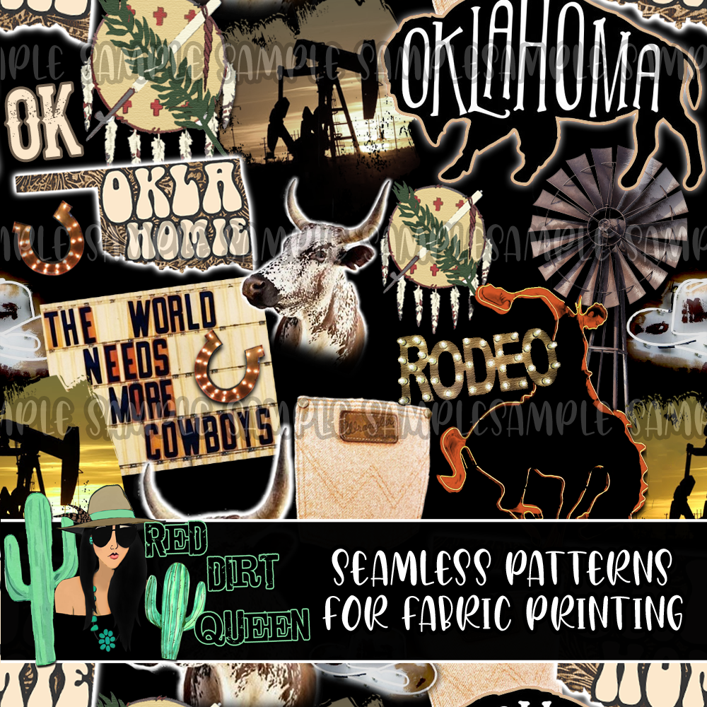 Seamless Pattern Oklahoma Cowboy Collage