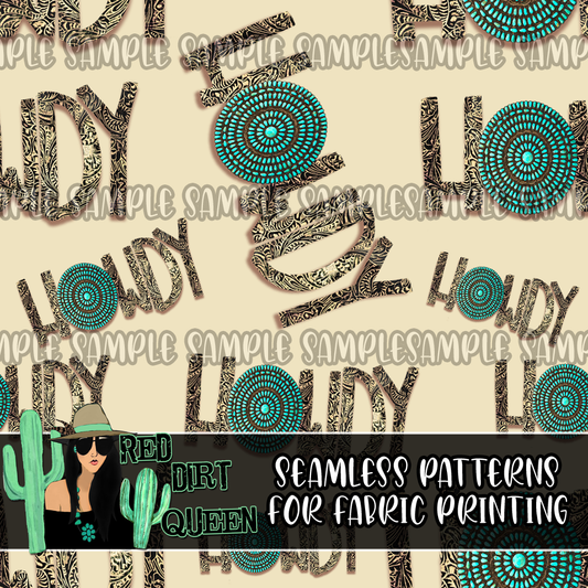 Seamless Pattern Howdy Turquoise Tooled Leather