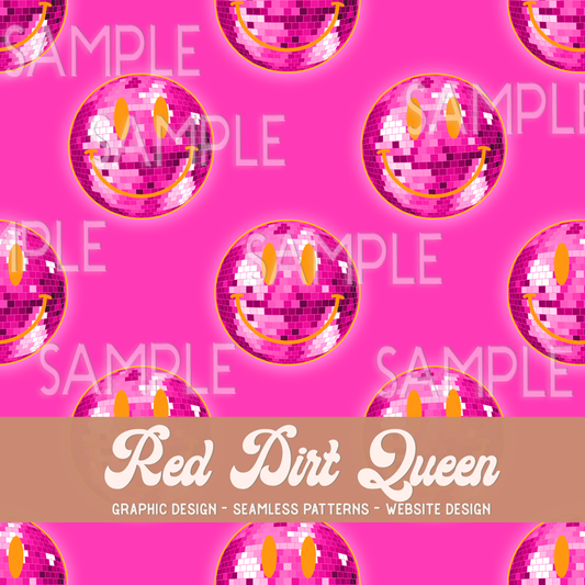 Seamless Pattern Pink Disco Ball Smiley Face