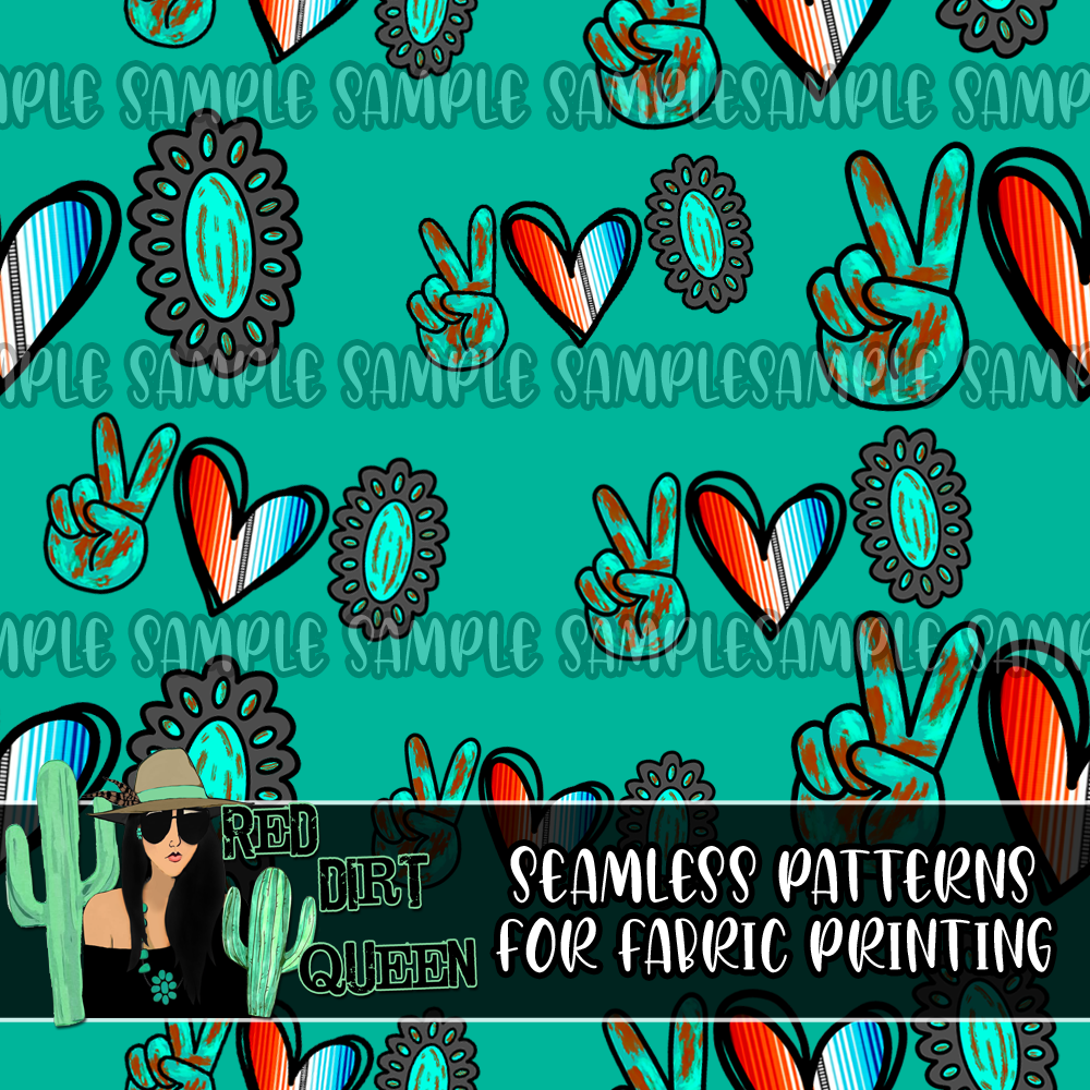 Seamless Pattern Peace Love Turquoise