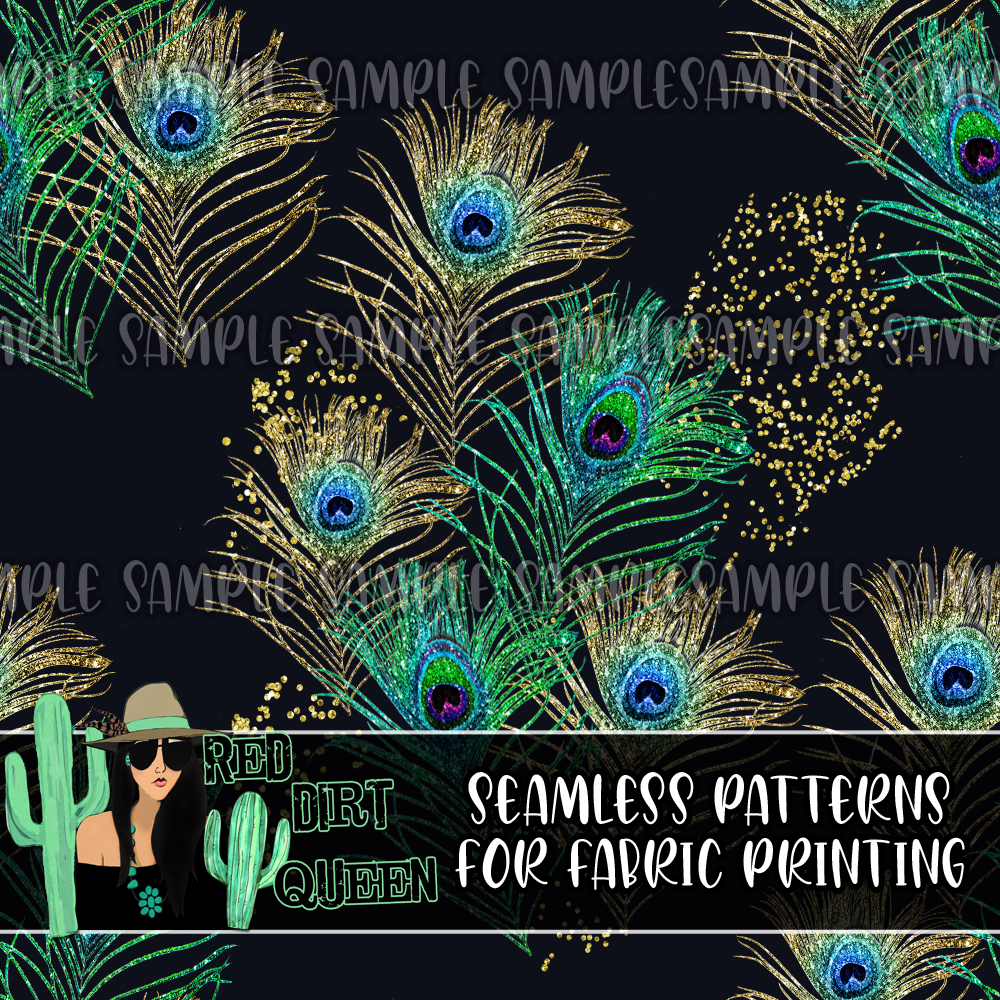 Seamless Pattern Peacock Feather Gold Glitter