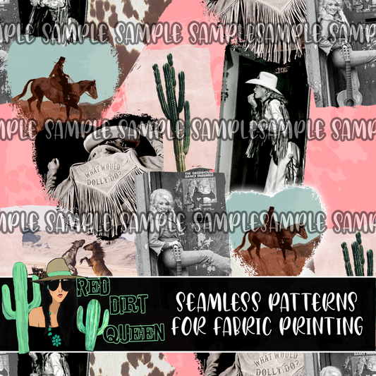 Seamless Pattern Pink Cowgirl Collage