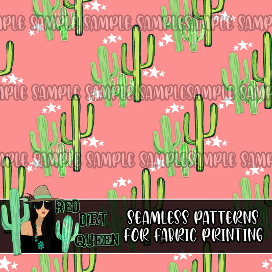 Seamless Pattern Pink White Stars Cactus