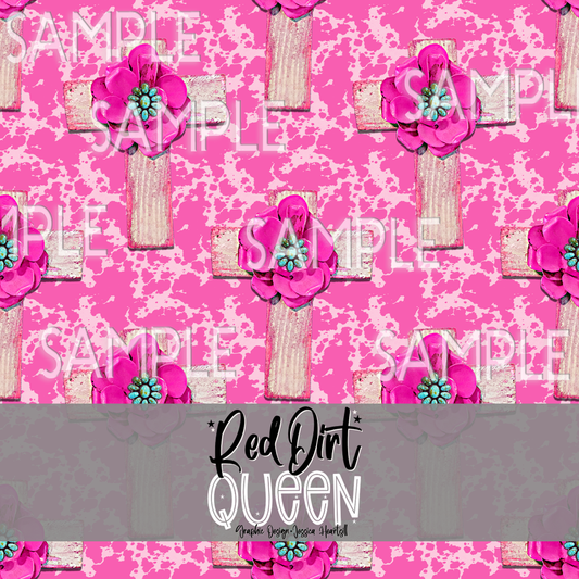 Seamless Pattern Pink Cowgirl Floral Crosses