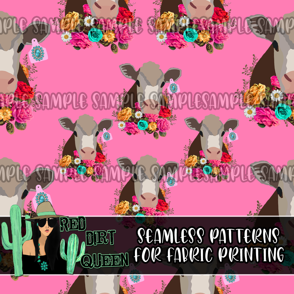 Seamless Pattern Pink Floral Cows
