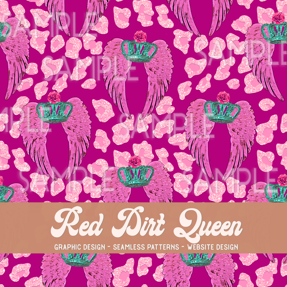 Seamless Pattern Pink Leopard Crowns & Wings