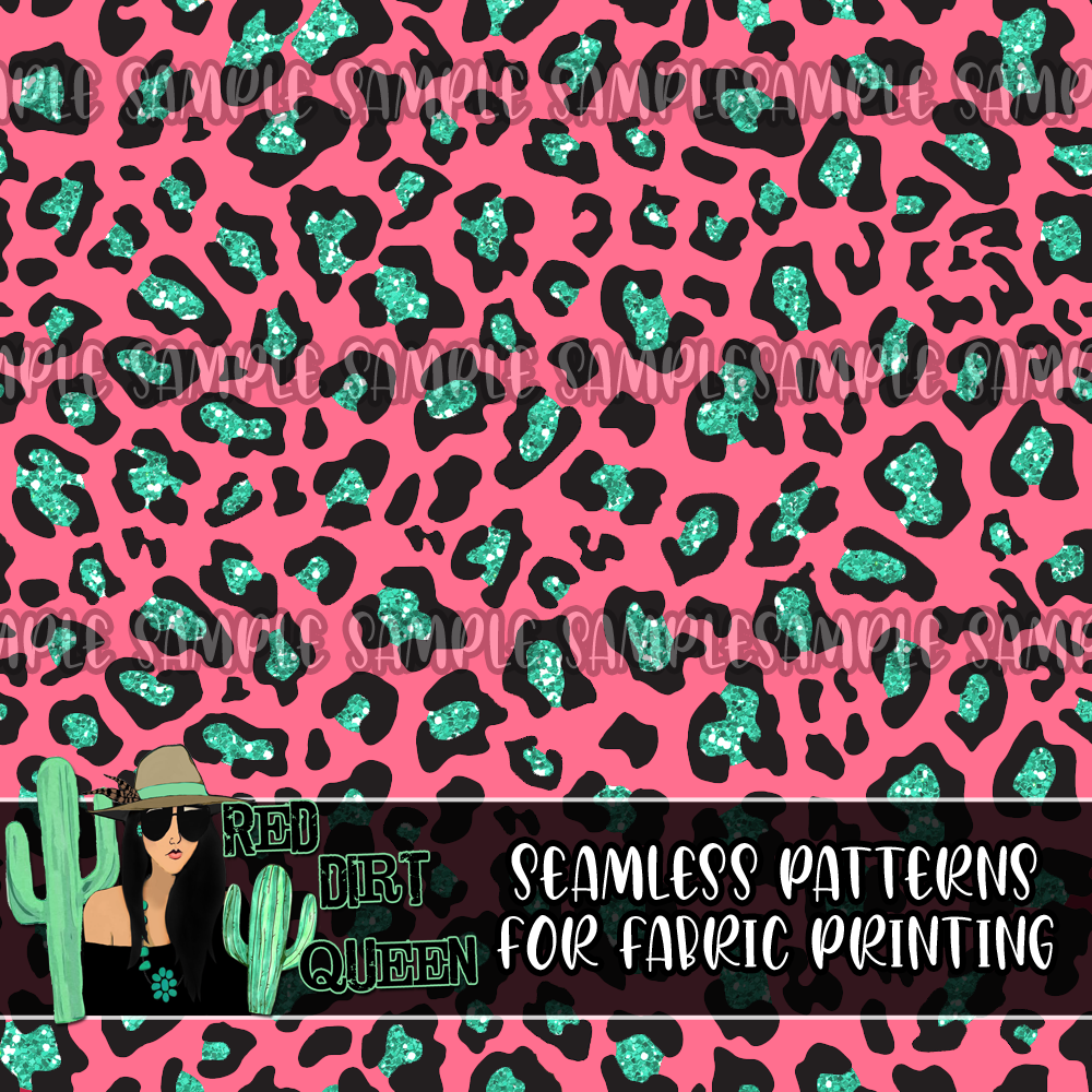 Seamless Pattern Pink Turquoise Glitter Leopard