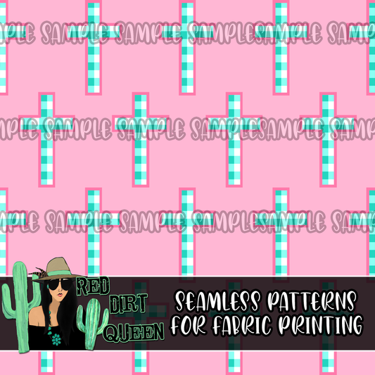 Seamless Pattern Turquoise Plaid Crosses Pink