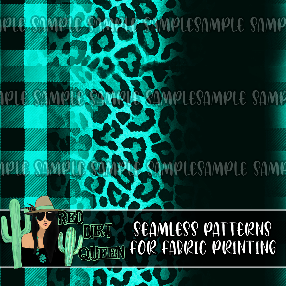 Seamless Pattern Turquoise Plaid Leopard Black Fade