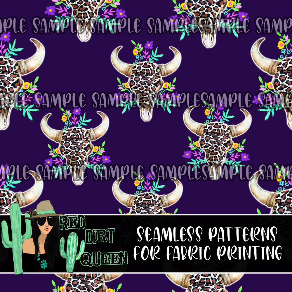 Seamless Pattern Purple Leopard Floral Skulls