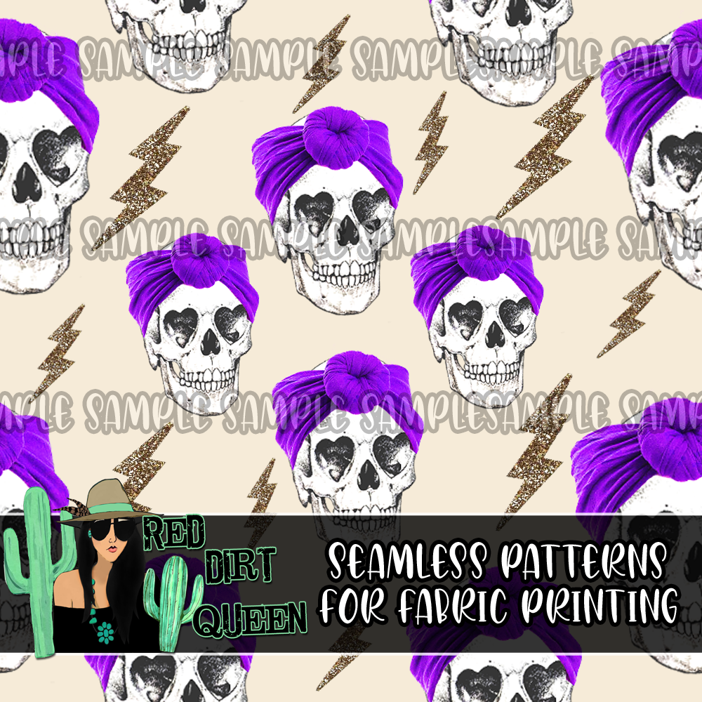 Seamless Pattern Purple Top Knot Skulls Bolts