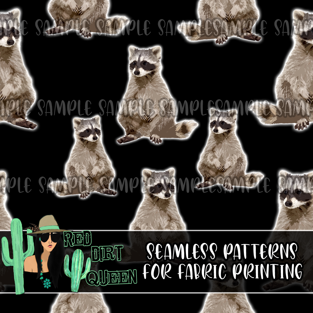Seamless Pattern Raccoons Plain Black
