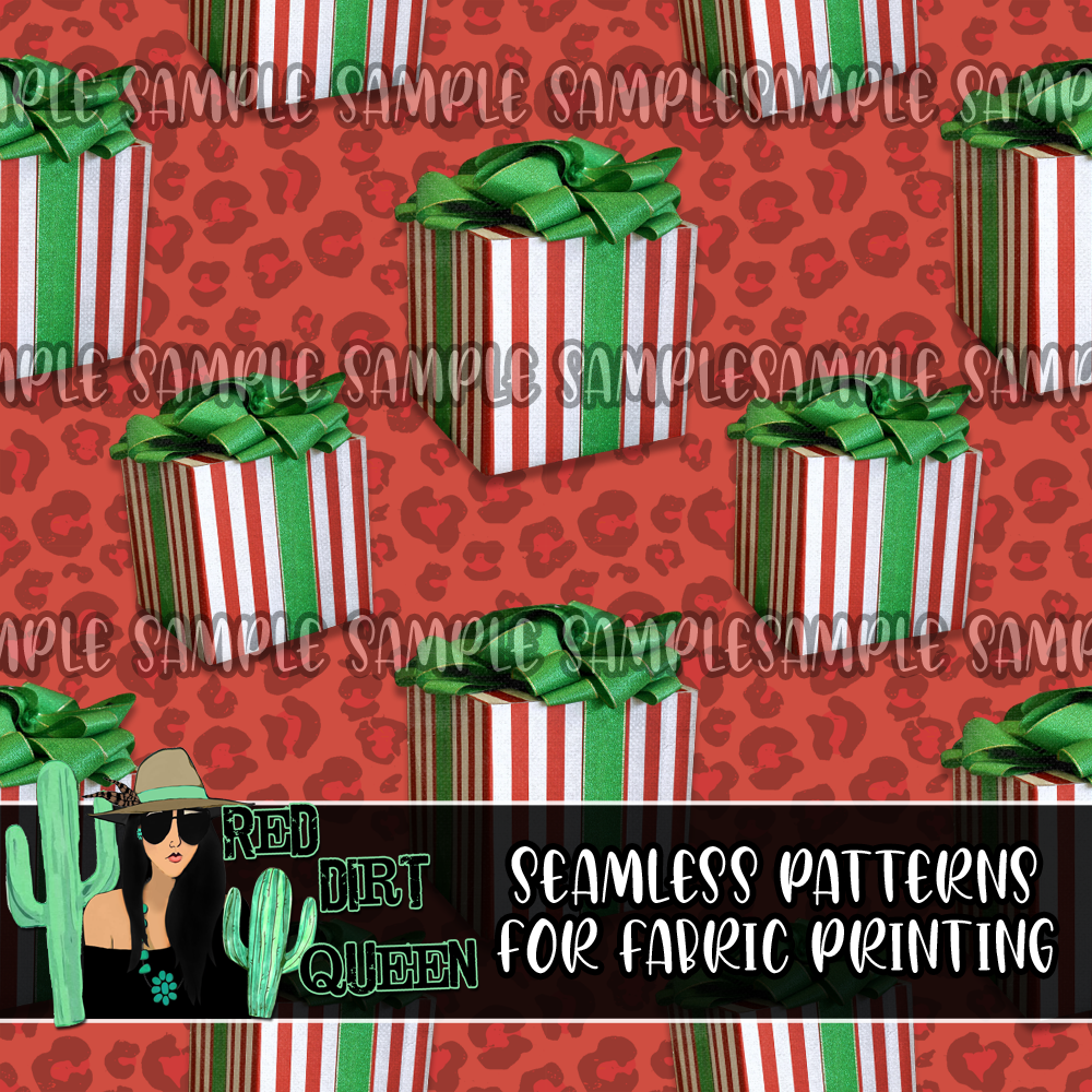Seamless Pattern Red Leopard Christmas Presents