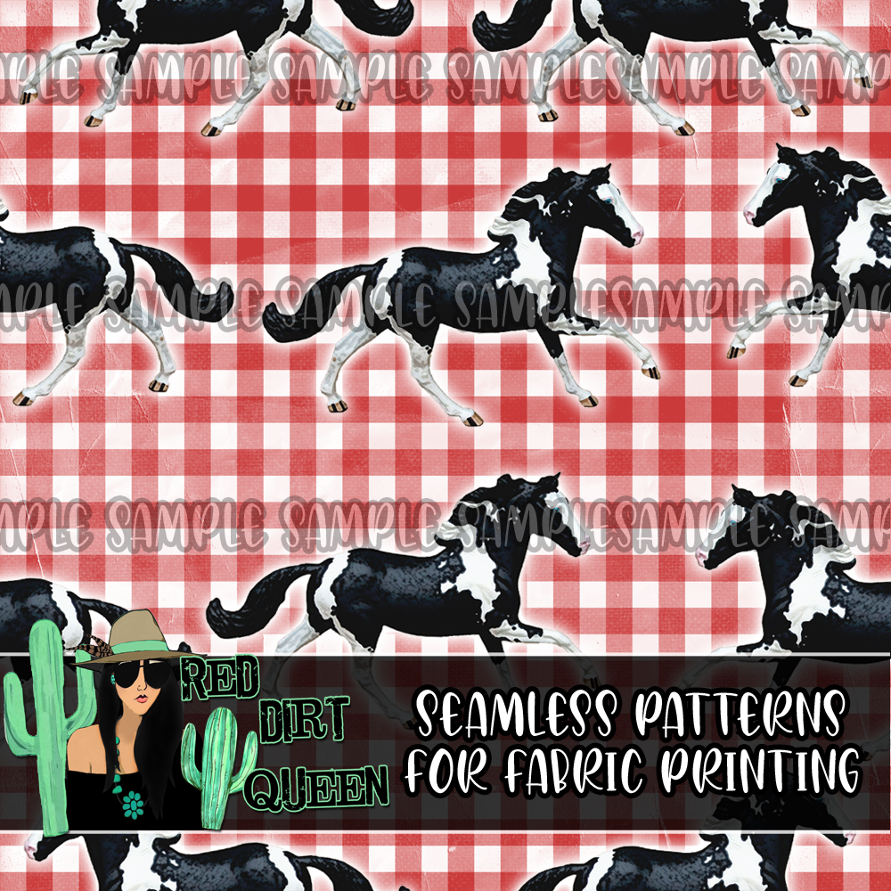 Seamless Pattern Red Plaid Horses