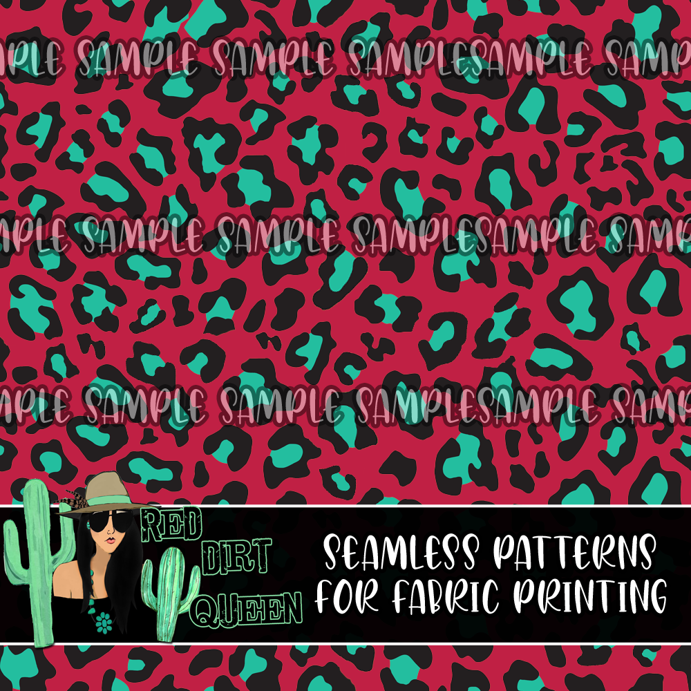 Seamless Pattern Teal Red Leopard