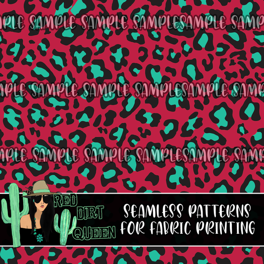 Seamless Pattern Teal Red Leopard