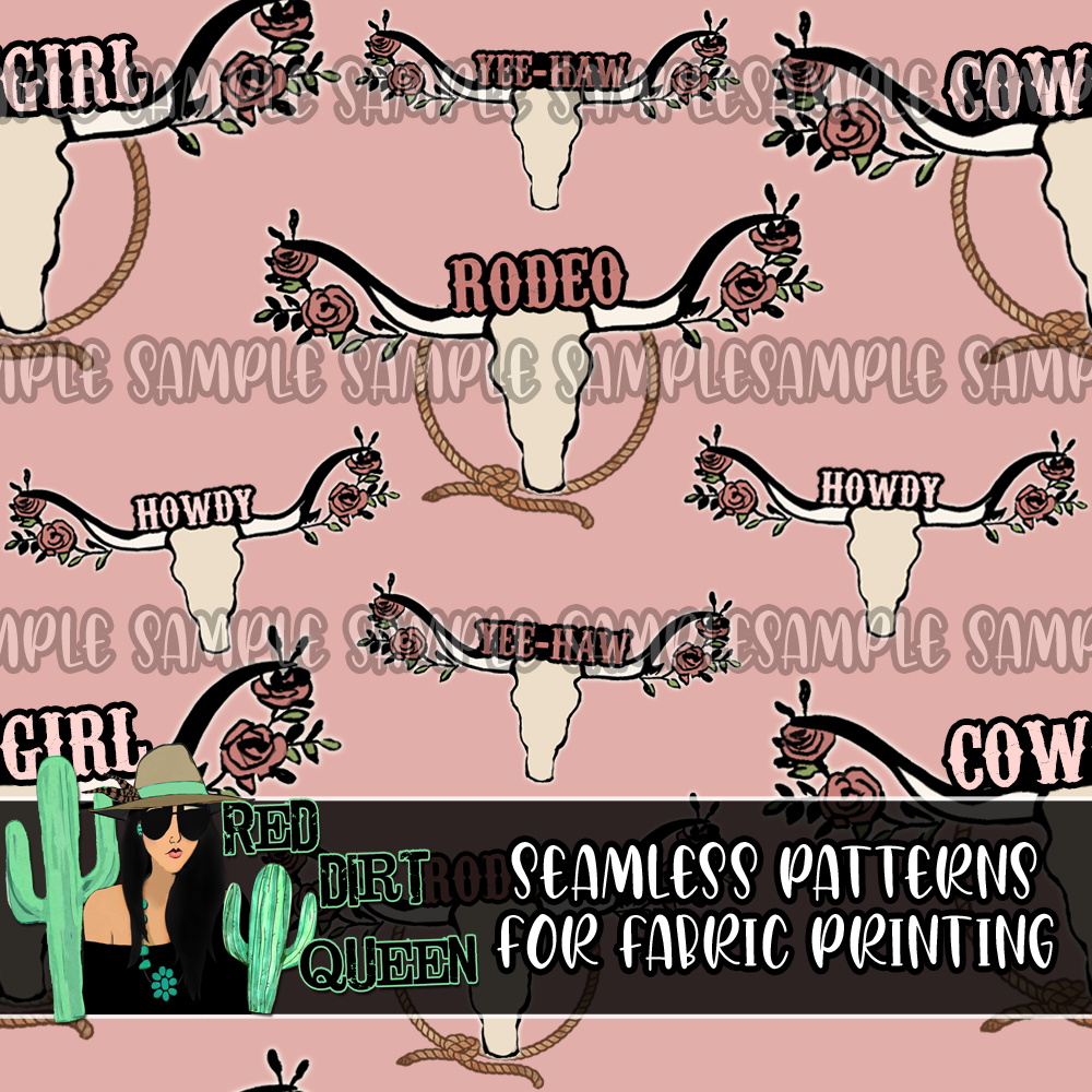 Seamless Pattern Floral Rodeo Skulls